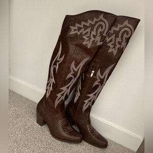 Brown Embroidered over the Knee-High Boots